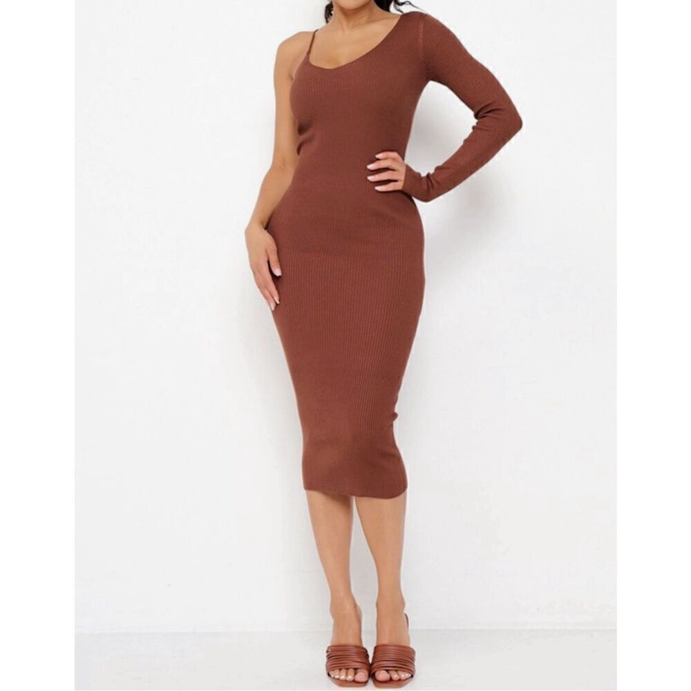 Brown Oneshoulder Midi Dress